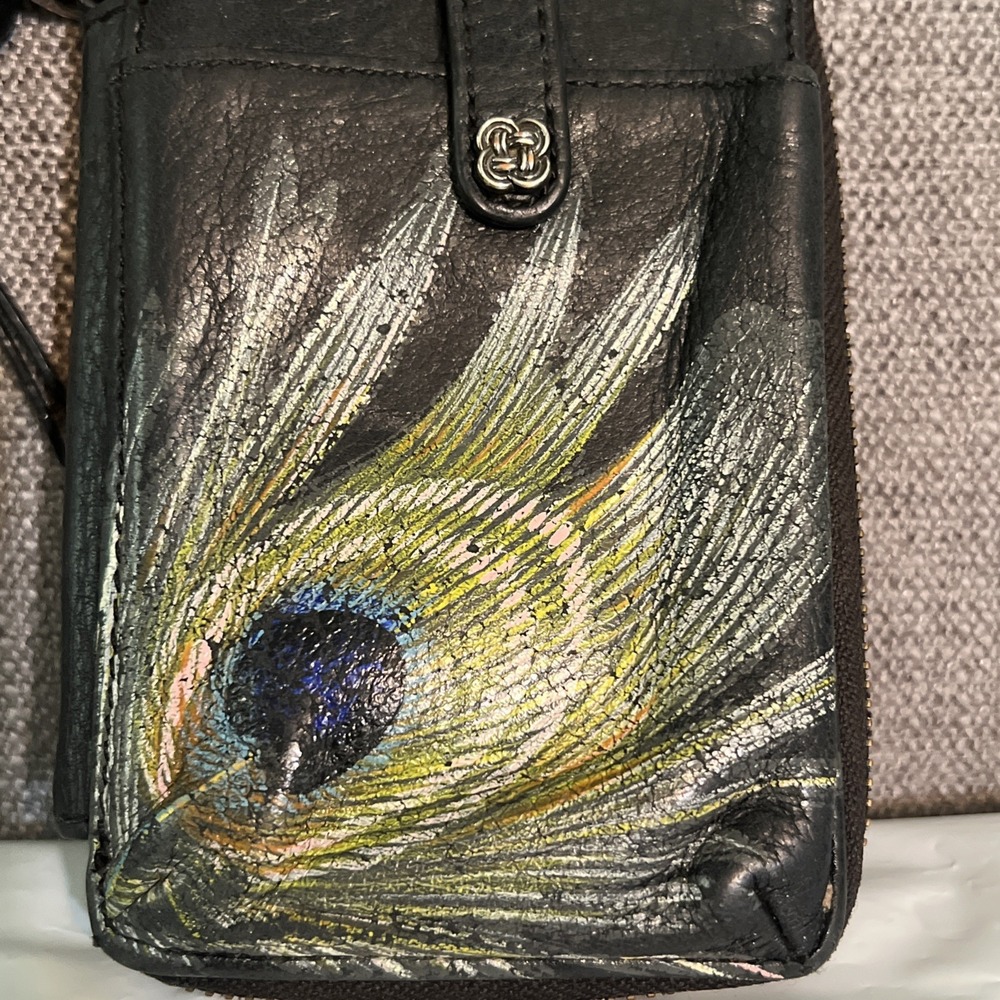 Elliott Lucca Zip Around Leather Wristlet Hand Painted Peacock Feather - Picture 2 of 16